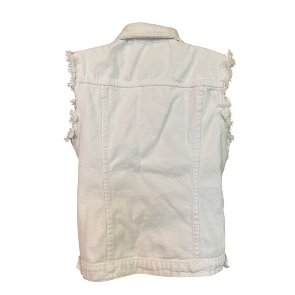 Ebossy Denim Vest Jacket White L Distressed Sleeveless Frayed Snap Buttons Y2K - Picture 2 of 7